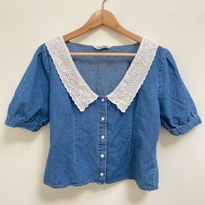 Stradivarius Blue Denim Button-Front Top with White Eyelet Collar